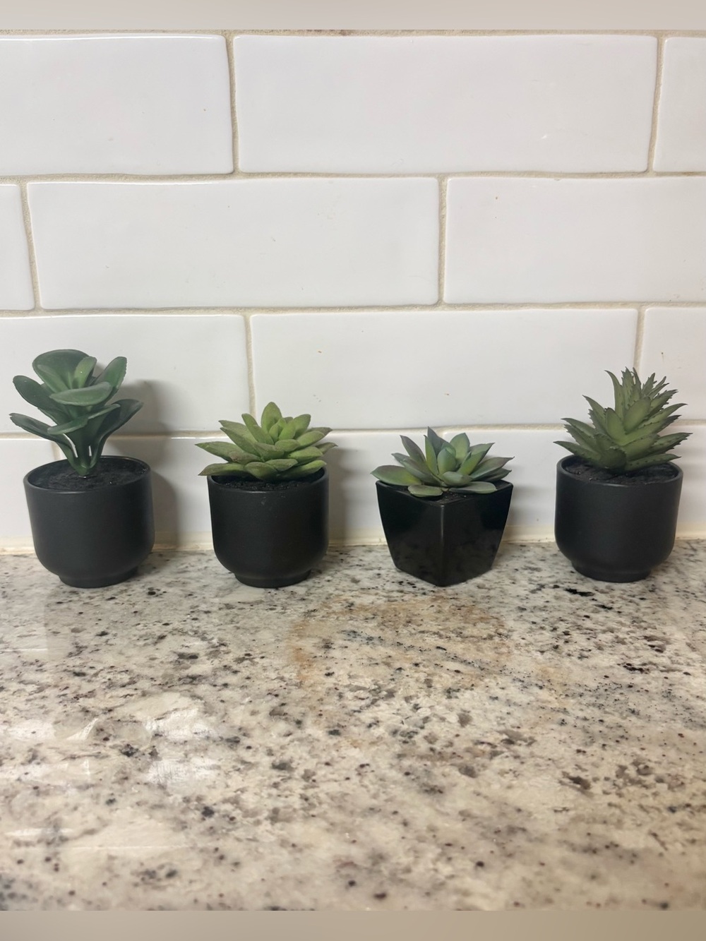 Set of 4 Mini Faux Succulent Plants Black Pots Modern Home Decor